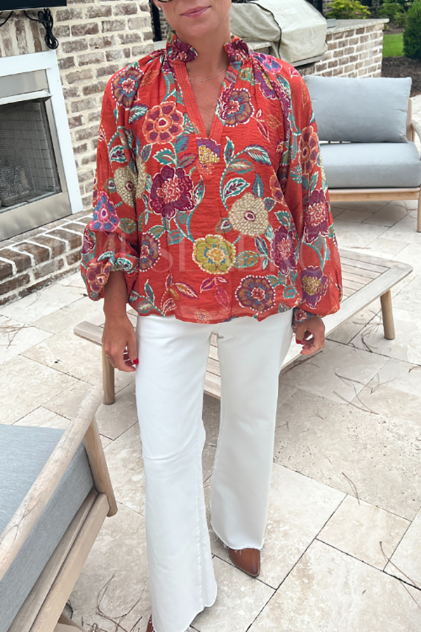 Casual Ruffles Collar Floral Top