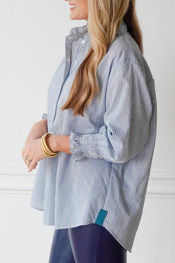 Casual Pleated Cuff Striped Top