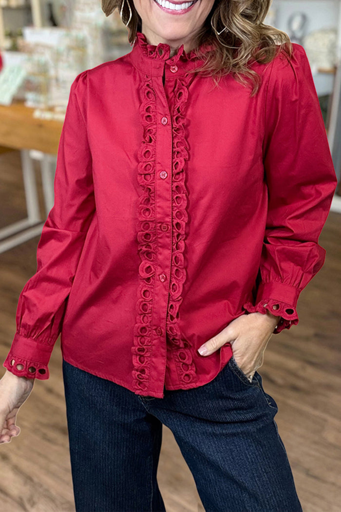 Elegant Eyelet Ruffled Button Blouse
