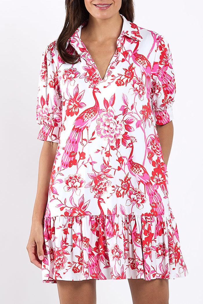 Floral Puffed Sleeve Ruffled Pocket Dress