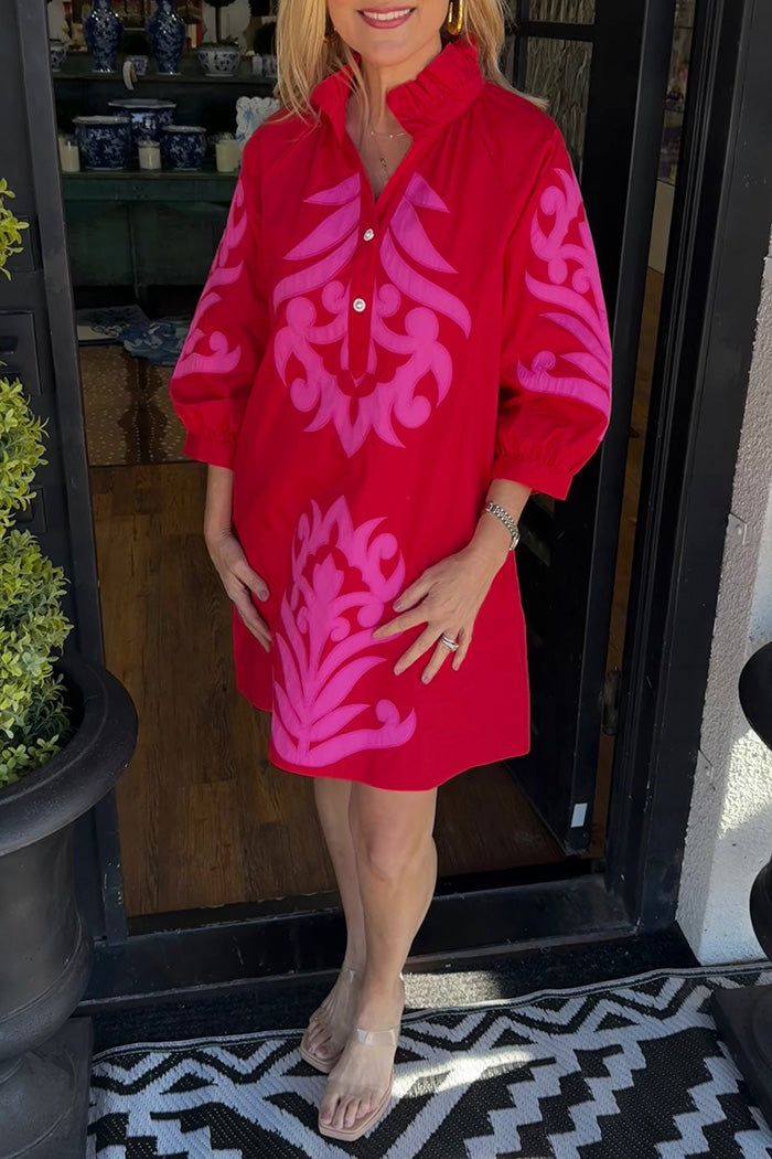 Contrast Print Half Placket 3/4 Sleeve Pocketed Dress
