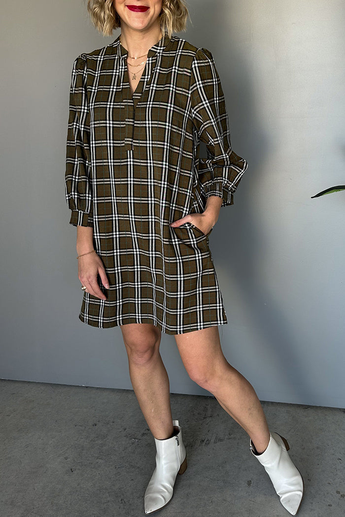 Plaid V-Neck Puff-Sleeve Pocketed Mini Dress