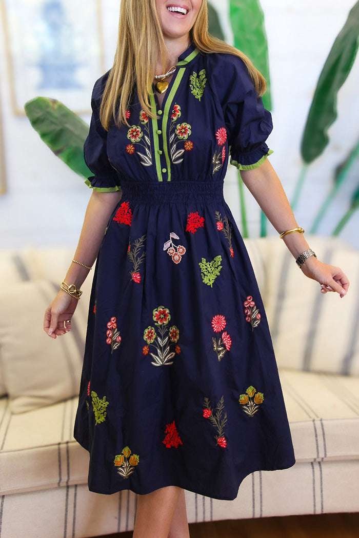 Embroidered Puff Sleeve Dress