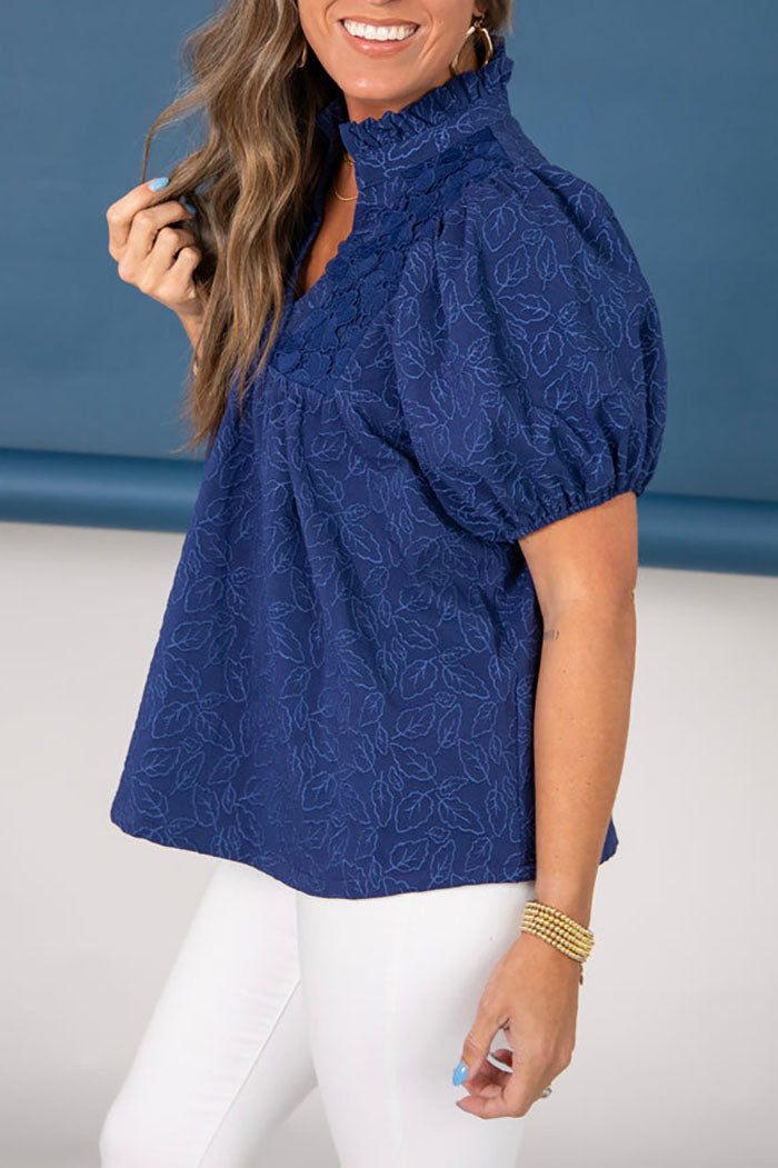 Ruffle Collar Elastic Sleeve Pullover Top