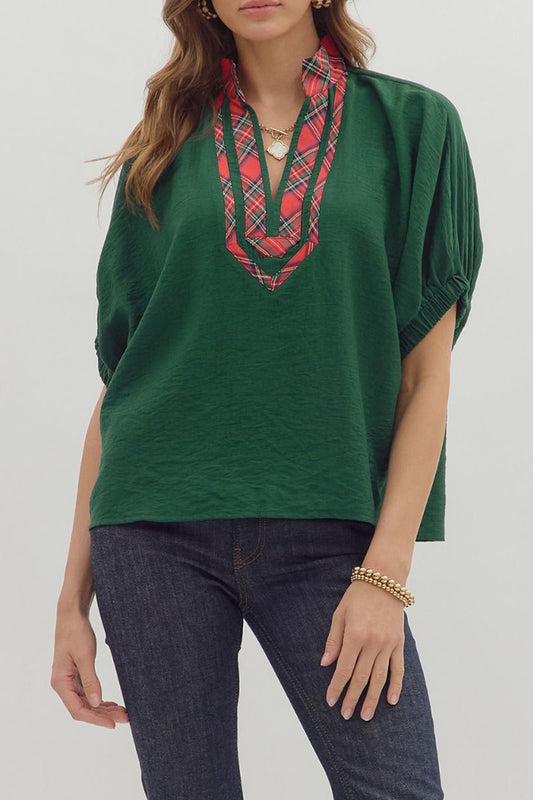 Plaid Layered Collar Dolman-Sleeve Blouse