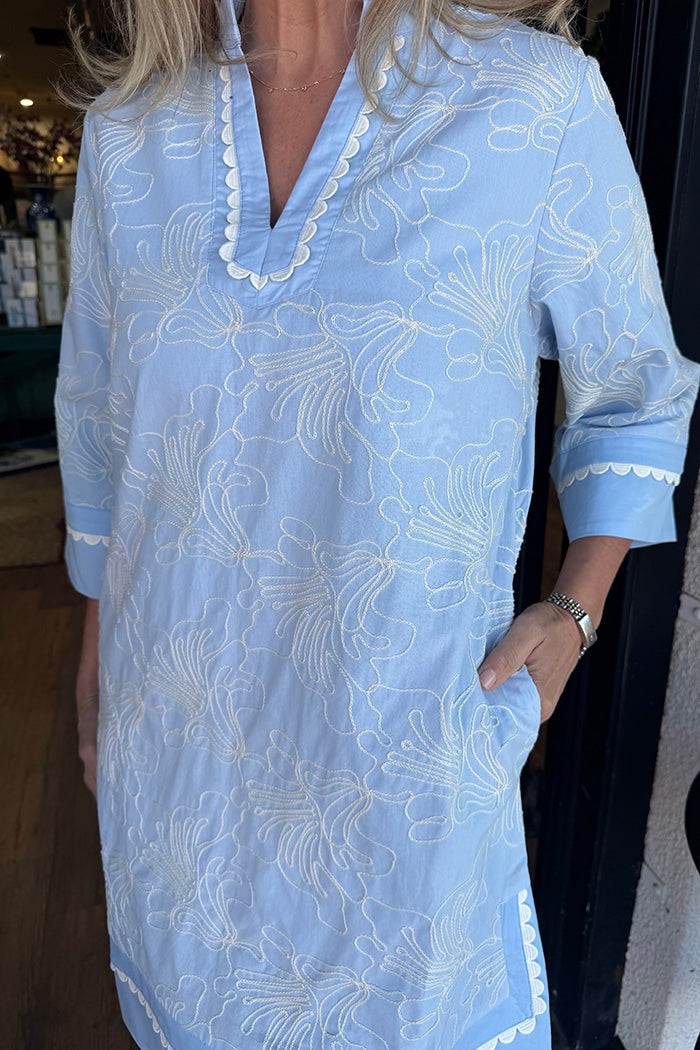 Blue Embroidered Scallop Trim Dress