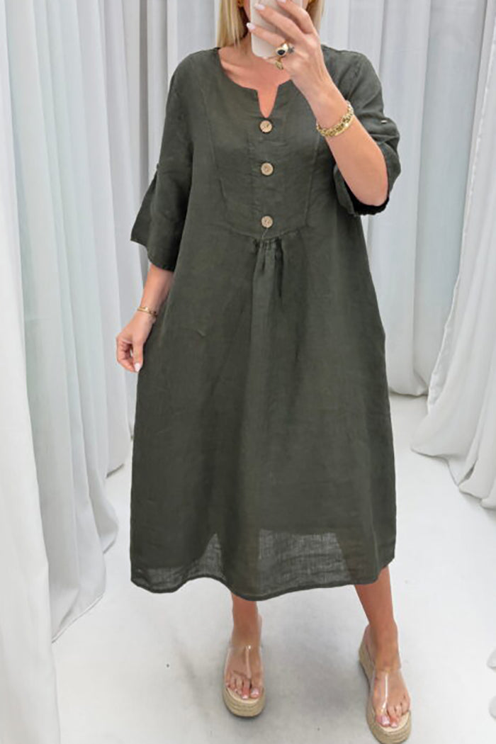 Casual Front Button Three Quarter Sleeve Midi Dress