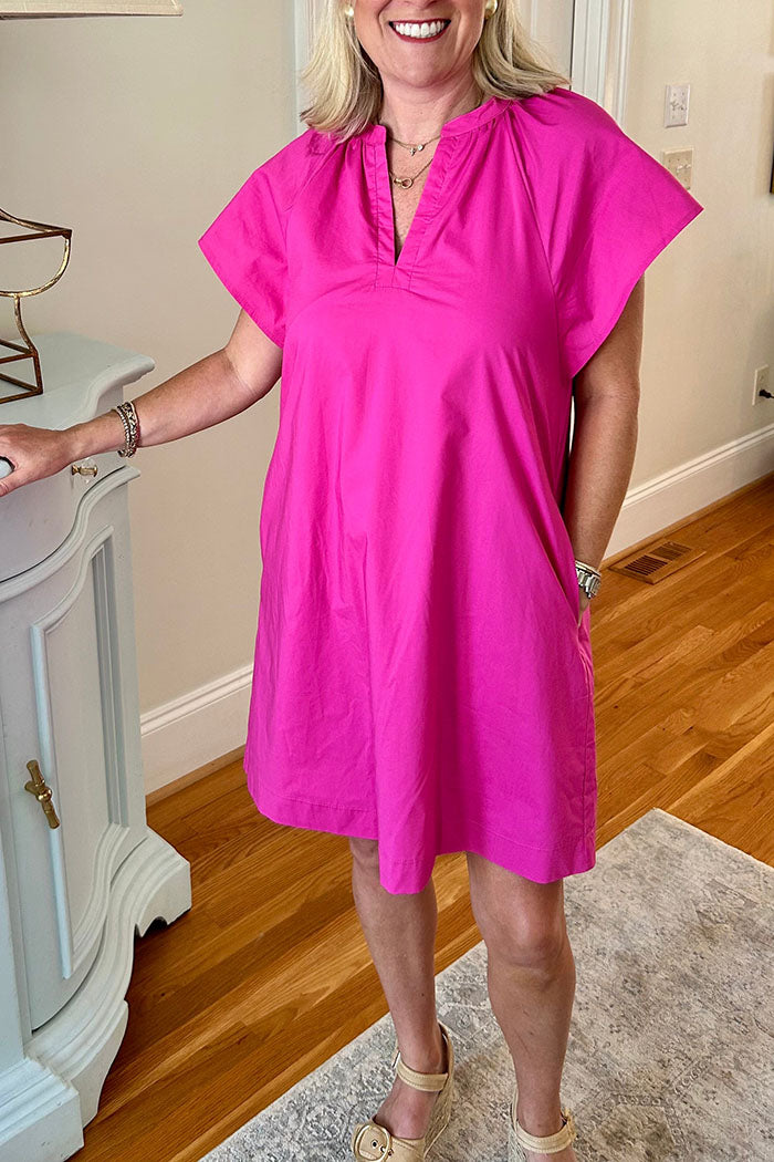 Solid Color Loose Sleeve Pocket Dress