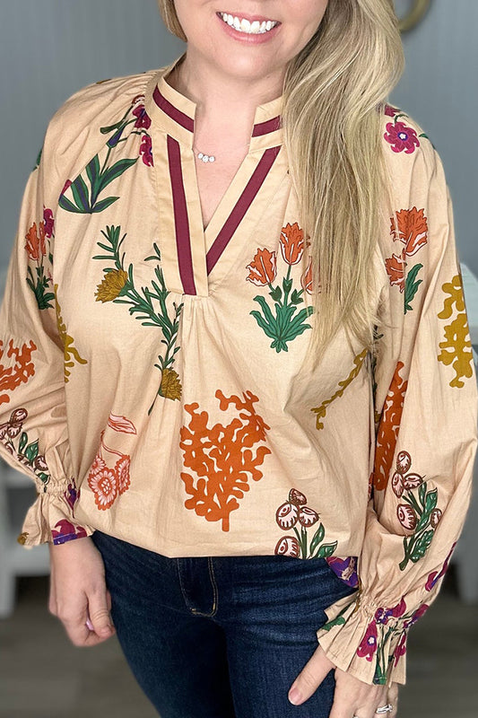 V-Neck Wildflower Gather Sleeve Top