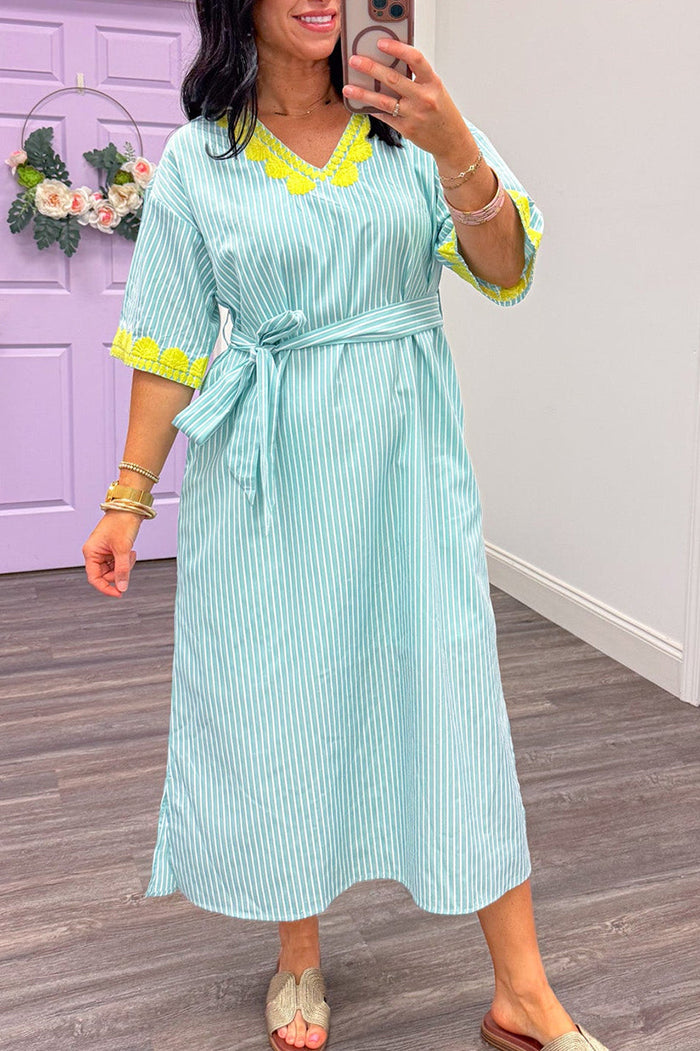 Mint Stripe Belted Midi Dress