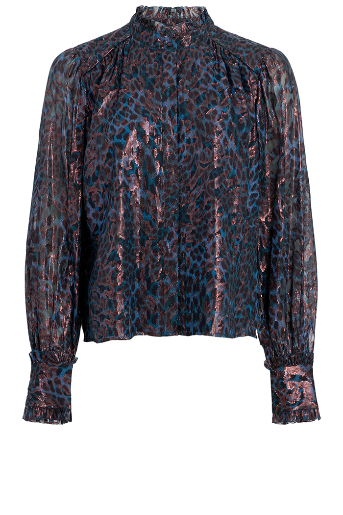 Leopard Print Smocked Mock-Neck Blouse