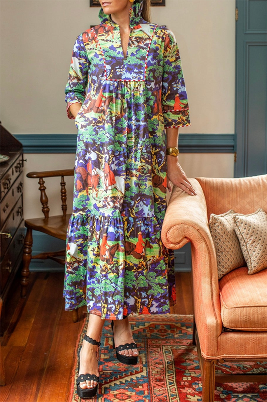 Vintage Printed Ruffled Pocket Maxi Dress