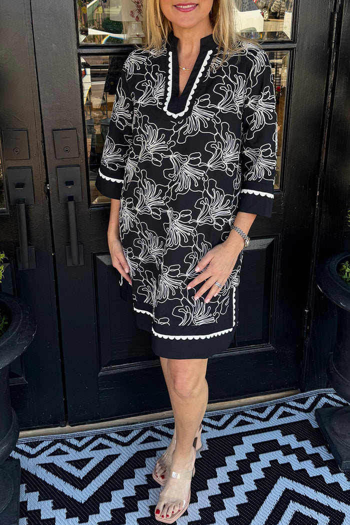 Contrast Trim Embroidered Dress