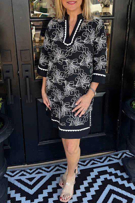 Contrast Trim Embroidered Dress