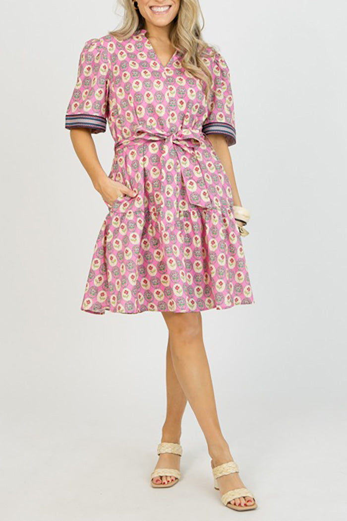 Ruffled Hem Printed Tie Waist Dress