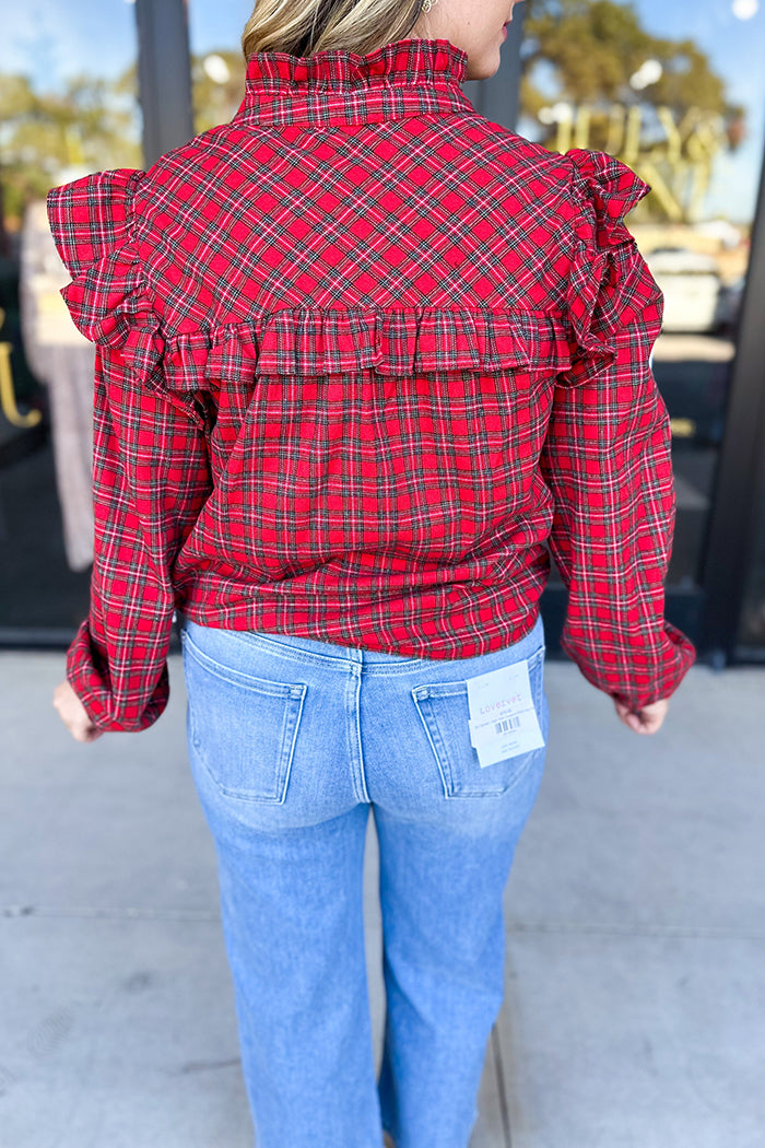 V-Neck Tartan Ruffle Blouse