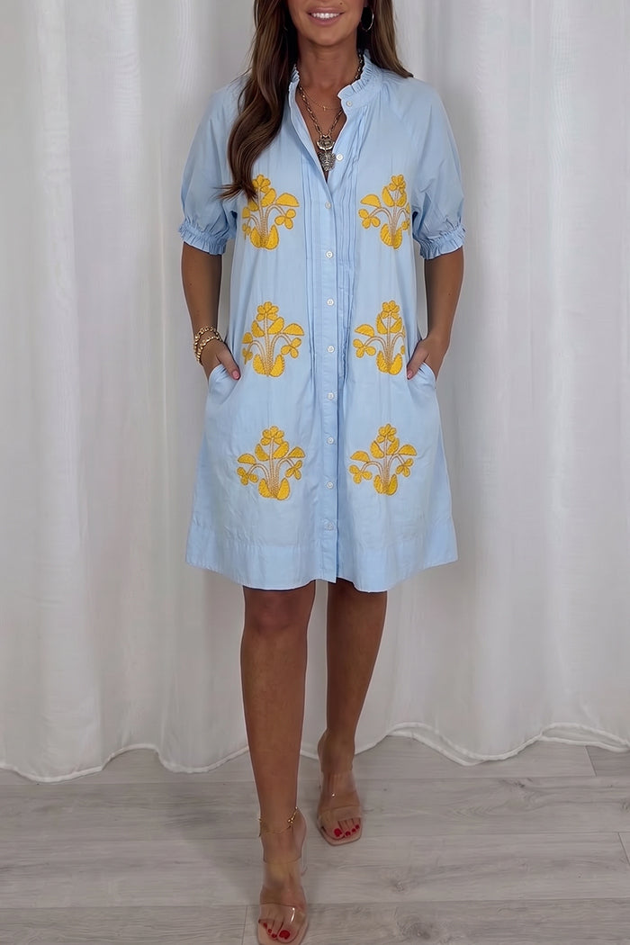 Ruffle Neck Button Front Shirt Dress