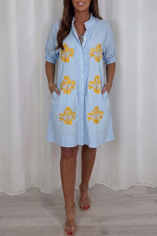 Ruffle Neck Button Front Shirt Dress
