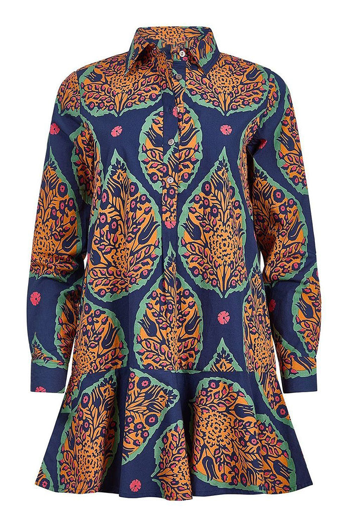 Paisley Print Shirt Collar Ruffle Hem Mini Dress