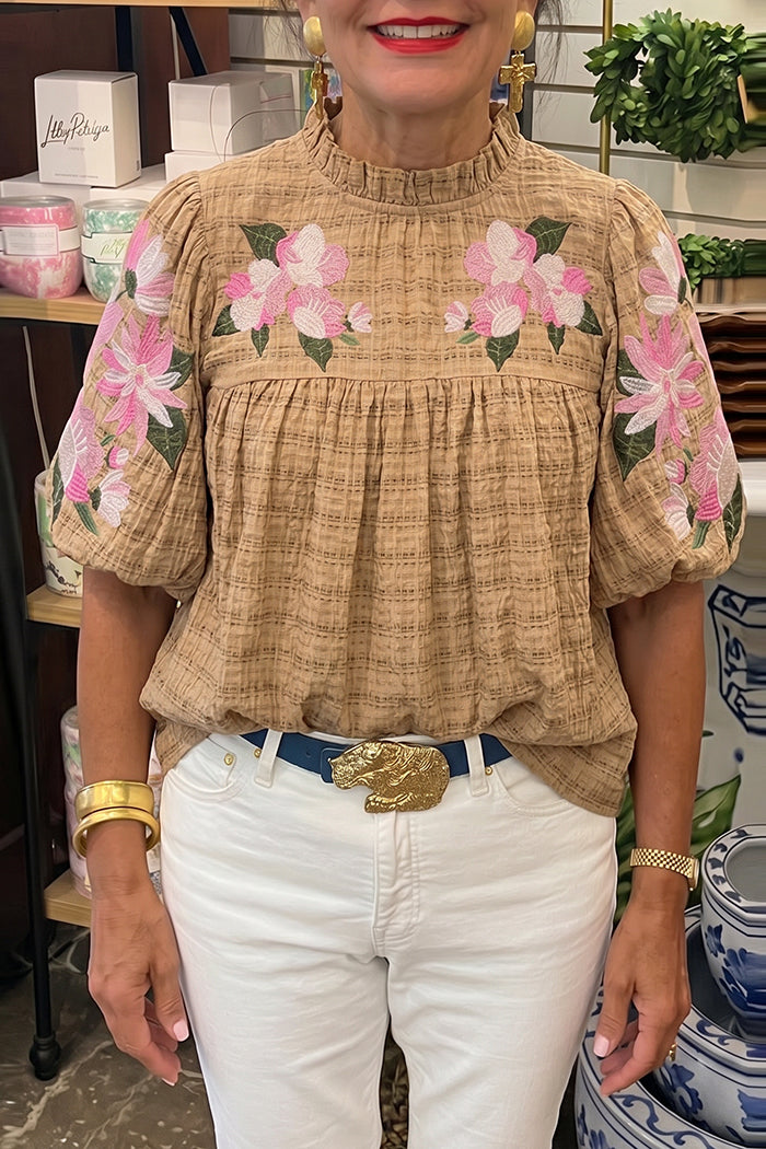 Floral Ruffle Neck Puff Sleeve Top
