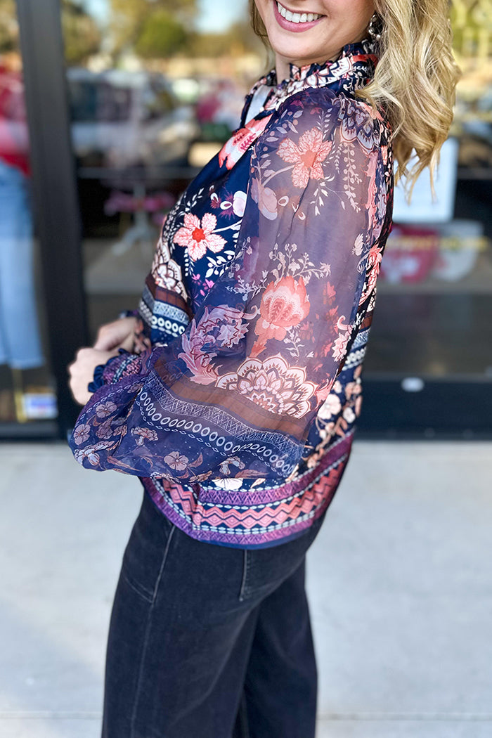 Floral Print Puff-Sleeve Stand-Collar Blouse