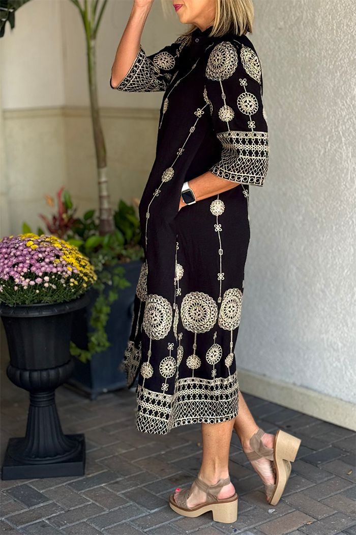 Moonlit Lace Embroidered Pocket Midi Dress
