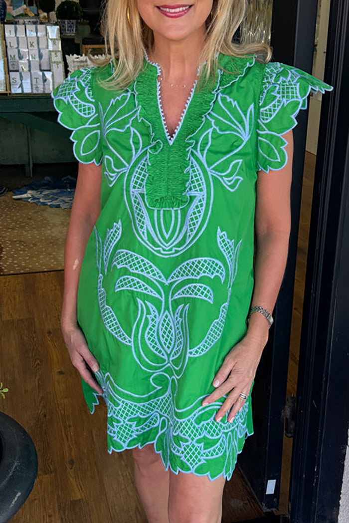Green Pocketed Embroidered Dress