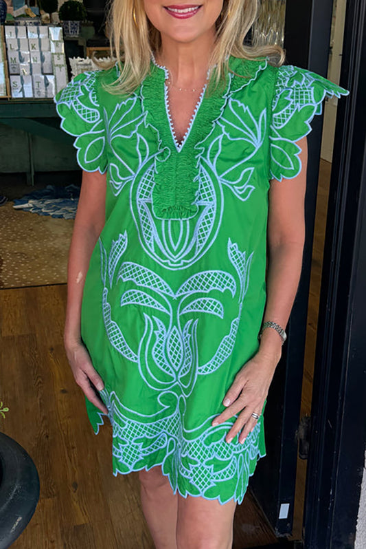 Green Pocketed Embroidered Dress