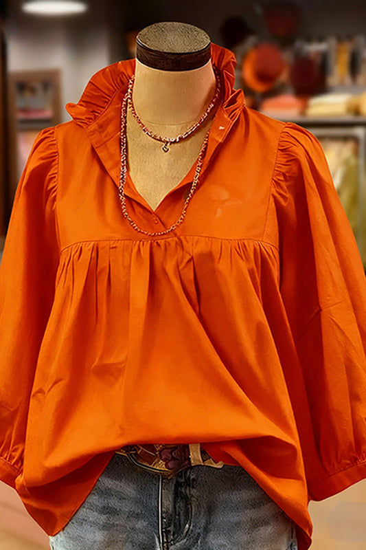 Ruffled V-Neck Puff-Sleeve Blouse