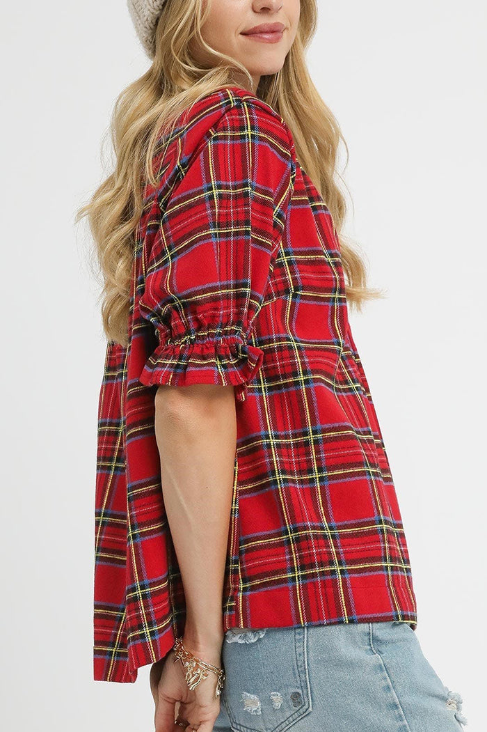 Plaid Smocked V-Neck Flannel Top