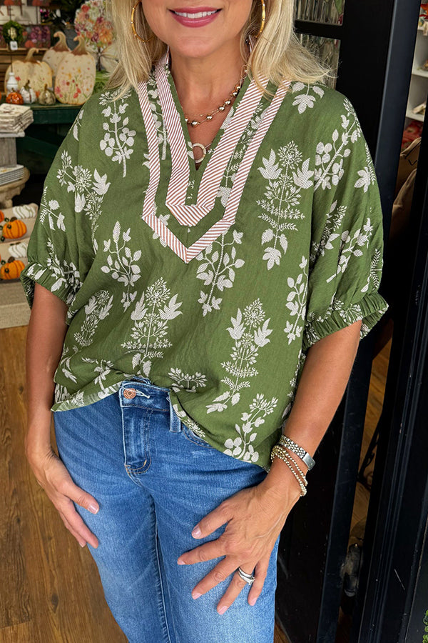 Striped Trim V-Neck Top