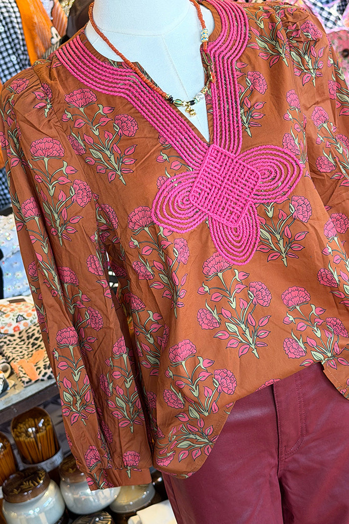 Puff Sleeve Contrast Embroidery Top