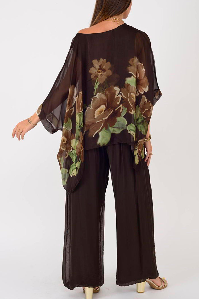 Vintage Floral Batwing Top Wide Leg Pant Set
