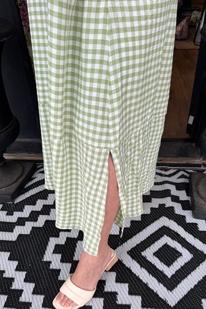 Collared Short Sleeve Gingham Pocket Side Slit Dress