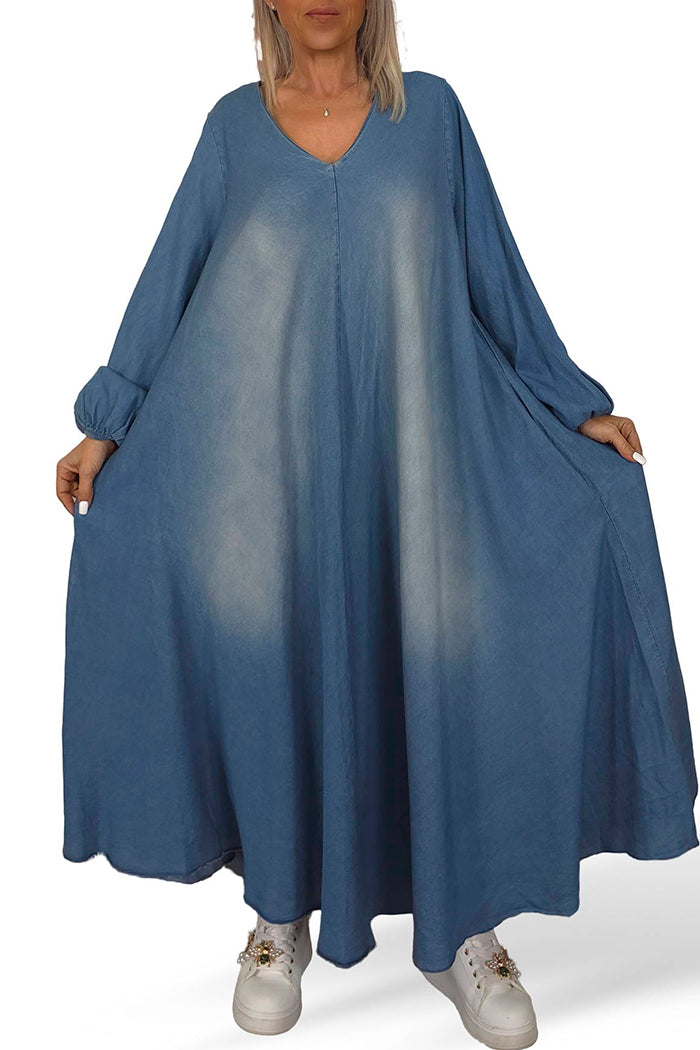 Denim Elasticated Cuff Flowy Maxi Dress
