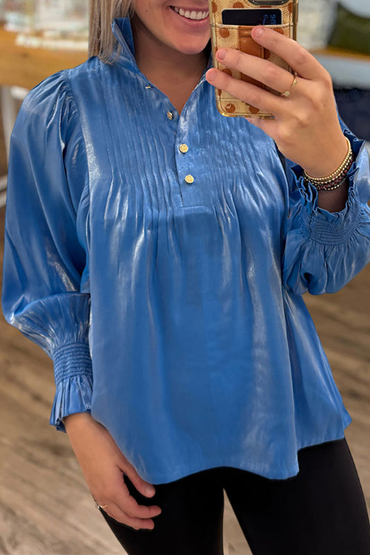 Blue Puff Sleeve  Button Blouse