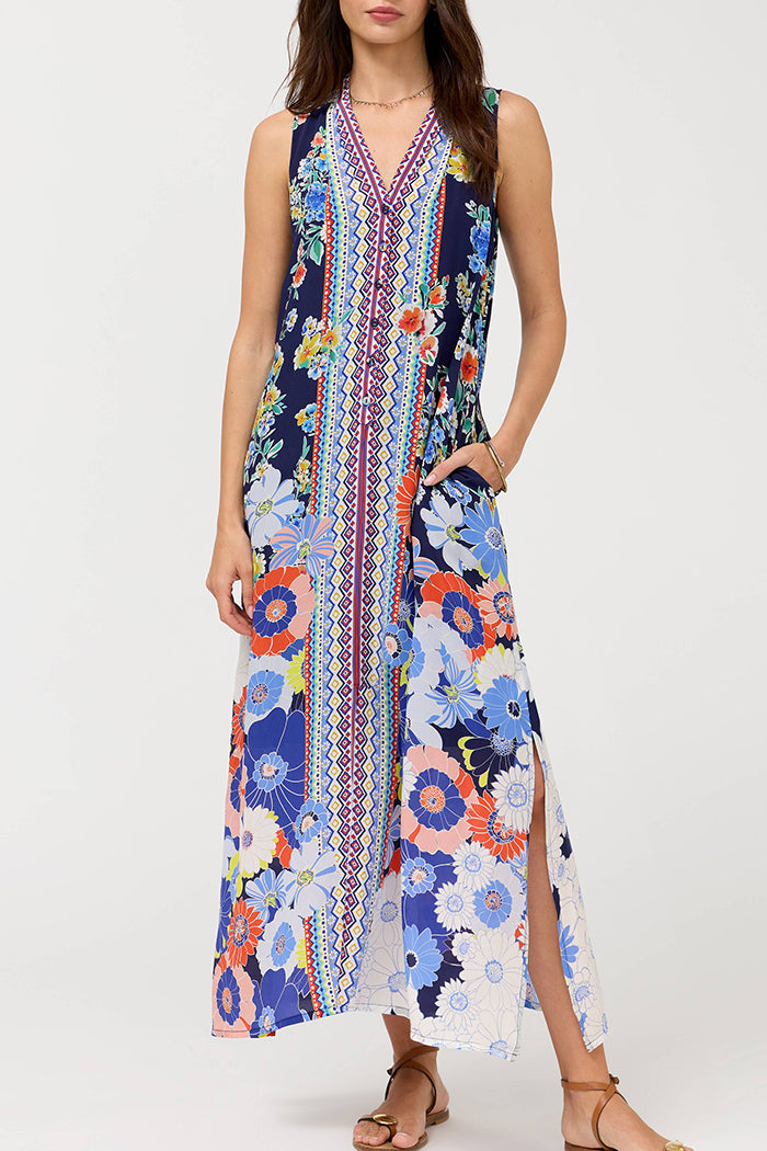 Bold Floral Sleeveless Pocket Side Slit Maxi Dress
