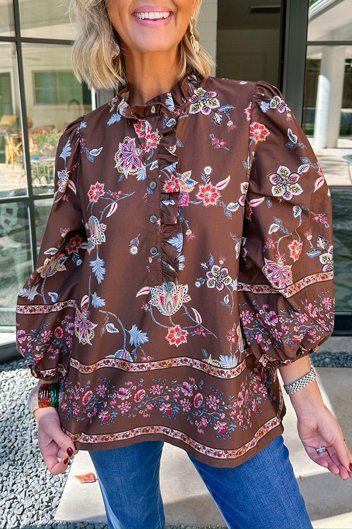 Brown Floral Ruffle Neck Button Front Top