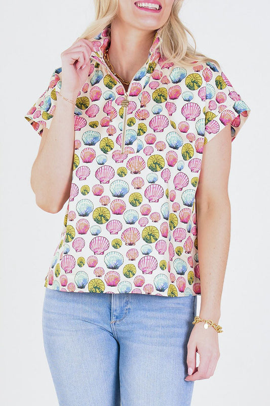 Scallop Print 3/4 Zip Collar Top