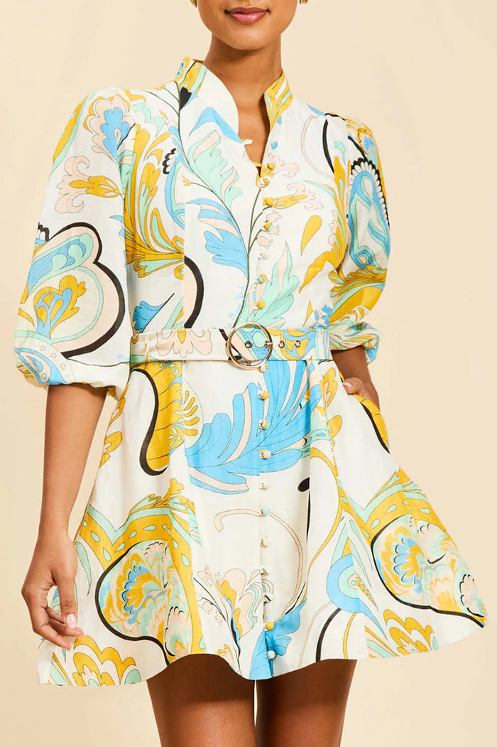 Belted Balloon Sleeve Printed Mini Shirt Dress