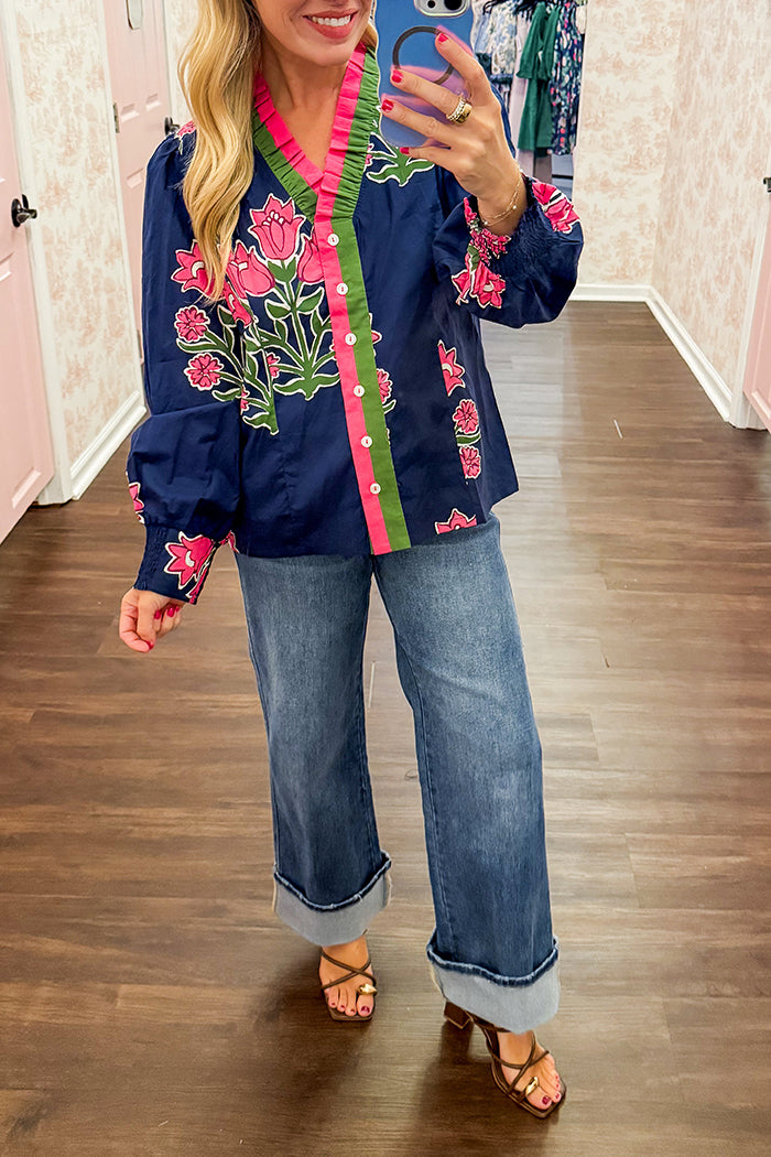 Ruffled V-Neckline Button-Front Top