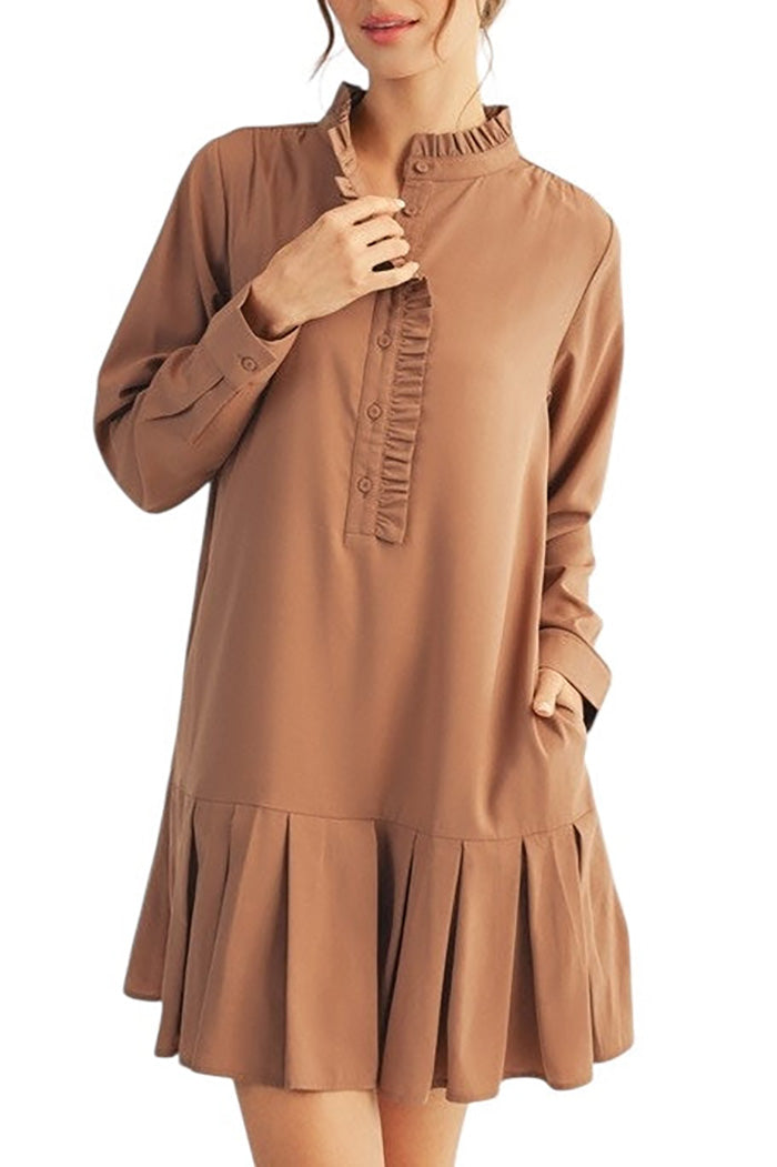 Pleated Hem Pocket Mini Shirt Dress
