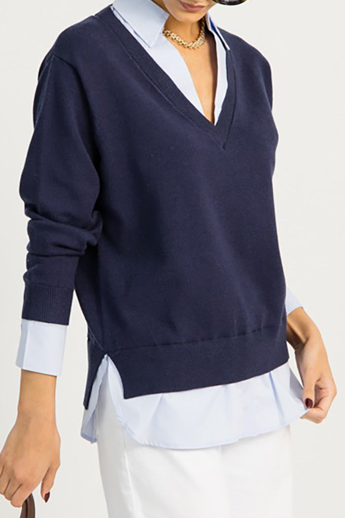 Layered Shirt Collar V-Neck Sweater