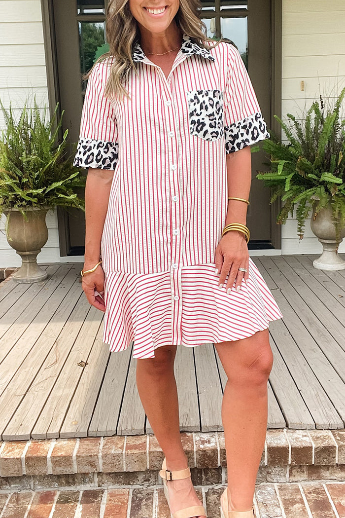 Striped Leopard Patch Shirt Dress