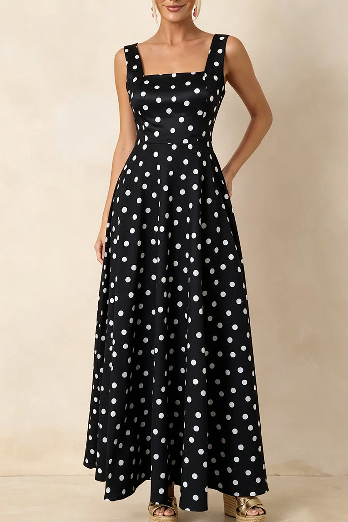 Black Square Neck Sleeveless Polka Dot Maxi Dress