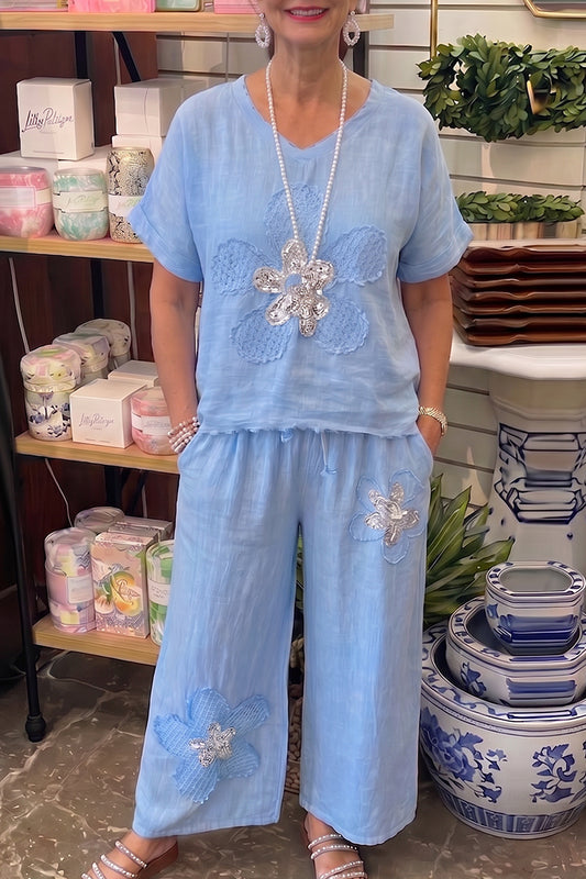 Floral Applique Linen Two-Piece Set