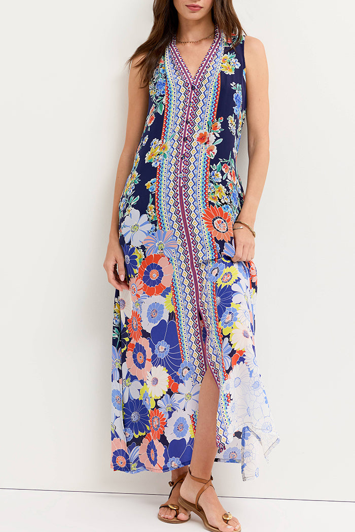 Bold Floral Sleeveless Pocket Side Slit Maxi Dress