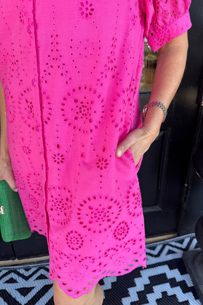 Pocketed Hot Pink Eyelet Dress