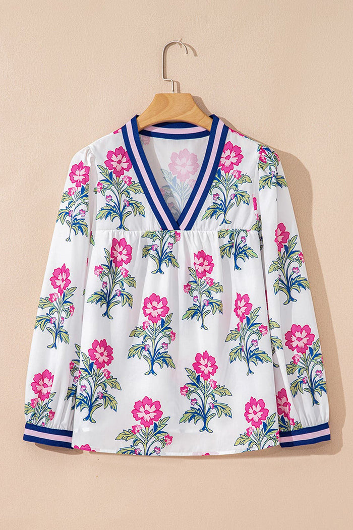 Floral Print Striped V-Neck Blouse