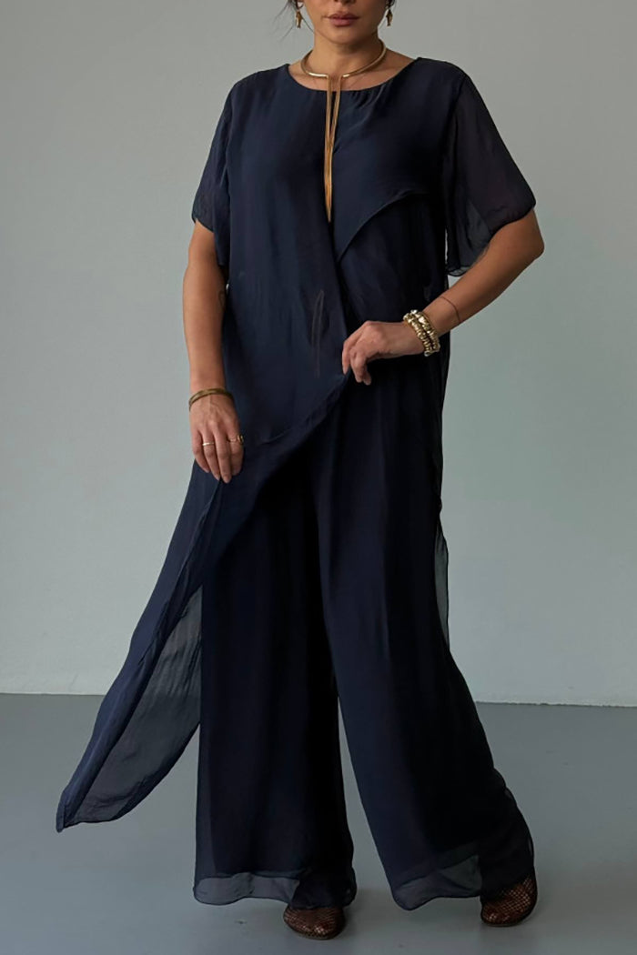 Flowy Asymmetric Cape Sleeve Wide Leg Pants Set